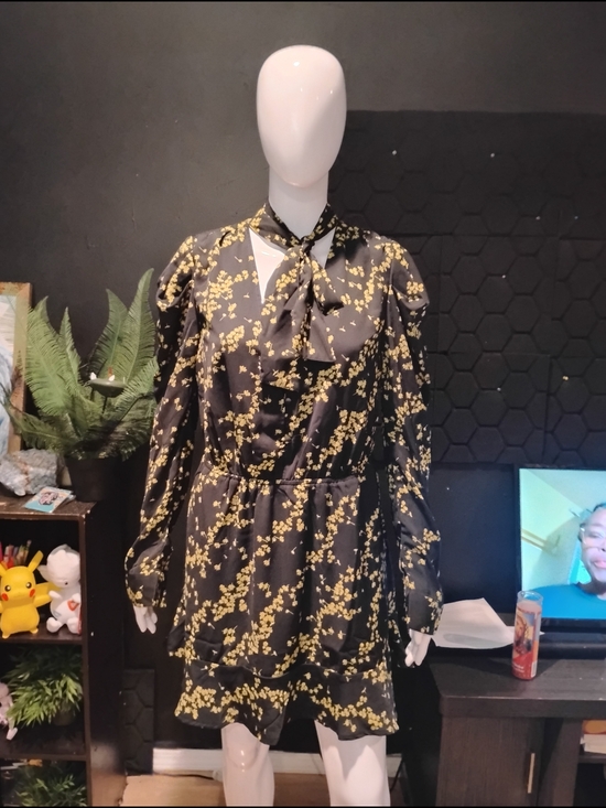 Scoop Dresses & Skirts - Black Mini Dress with Yellow Floral Print and Neck Tie